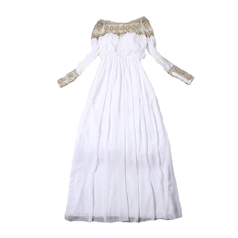 Сексуальное Белое роскошное высококачественное платье в пол ручной работы Золотые бусы платье в европейском стиле