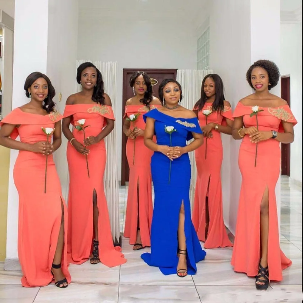 

African Women Coral Off Shoulder Side Split Mermaid Long Bridesmaid Dresses Pregnant Women Empire Waist Wedding Party Dresses