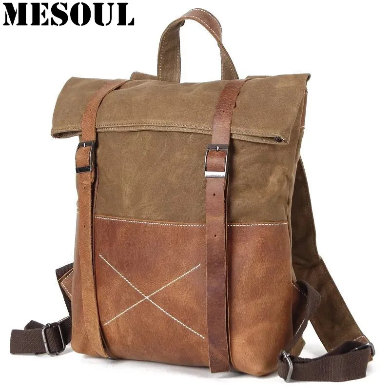Kopen Heren Canvas Rugzak Rugzak Vintage Waterdichte Reistas Leather Casual School Schoudertassen Mochila Militaire Rugzak Mannelijke