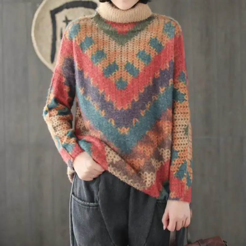 

Johnature 2019 Autumn Winter Fashion New Pullovers Turtleneck Women Sweater Casual Loose All-match Long Sleeve Women Sweater