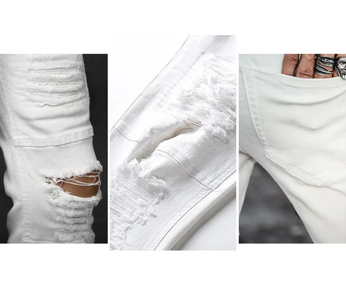 Новые мужские хлопковые рваные повседневные зауженные джинсы обтягивающие белые джинсы мужские брюки модные джинсовые стрейч хип хоп брюки мужские