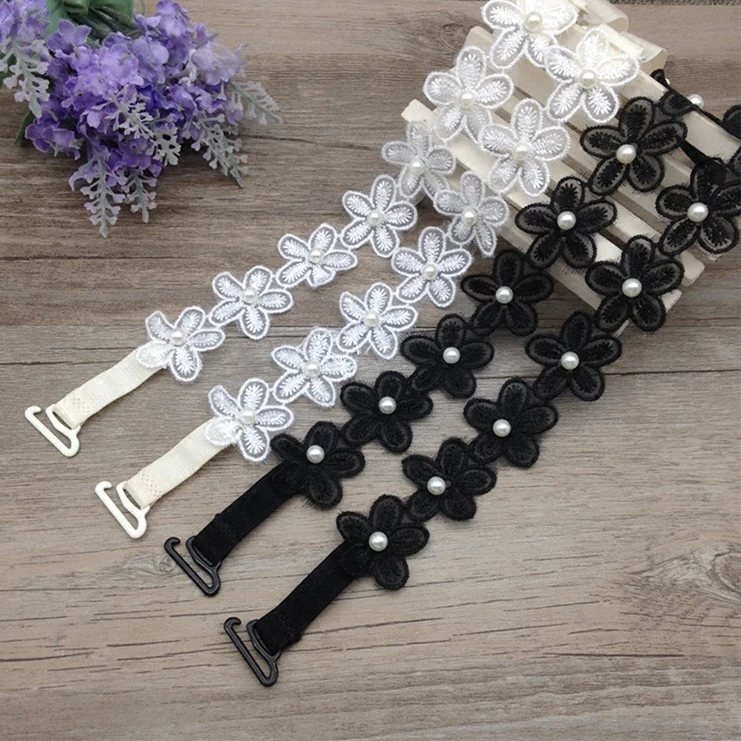 Women Intimate Bra Accessories Decorative Shoulder White Black Cute Flower Pearl Lace Bra Straps