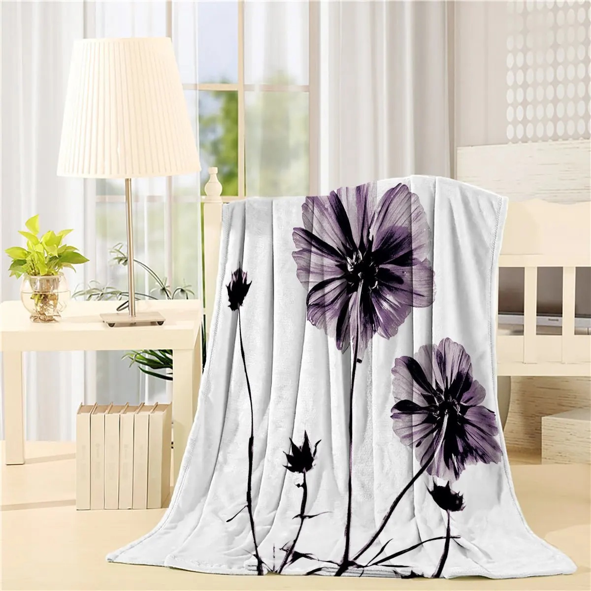 Modern Home Purple Flower On White Art Prints Fleece Blanket Sheet