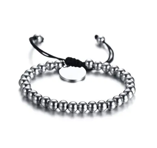 

free ship Brand new Stainless Steel Shiny 6mm Ball beaded bracelet round medals charms bracelet handmade Friendship bangle
