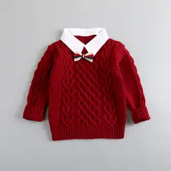 Новые модные европейские зимние детская Твердые свитера для мальчиков вязаная одежда с бантом Детские отложной воротник Топы