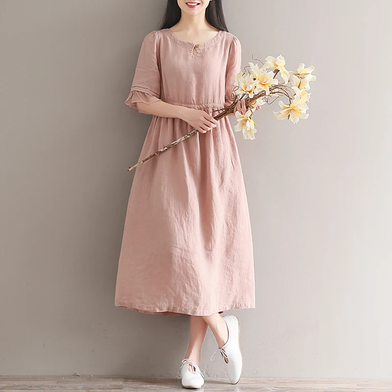 Свободный халат новое летнее женское винтажное ретро платье из хлопка и льна с коротким рукавом розового размера плюс Повседневные платья QH1396