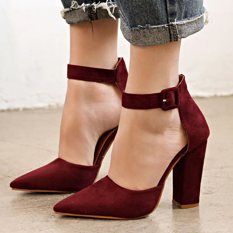 

Woman Sandals High Heels Fashion Buckle Strap Female Pumps 2019 Flock Plus Size Ladies Party Wedding Shoes Elegant Block Heels
