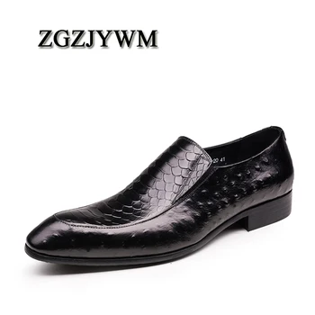 

ZGZJYWM Spring/Autumn Ostrich Style Black/Red Loafers Pointed Toe Slip-On Genuine Leather Wedding Oxford Dress Office Mens Shoes