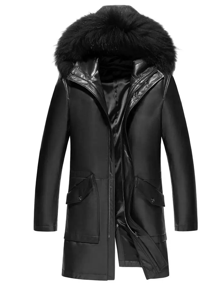 

New arrival First layer cowhide Men's leather coat High quality Medium long leather down jacket Raccoon fur collar Winter parka