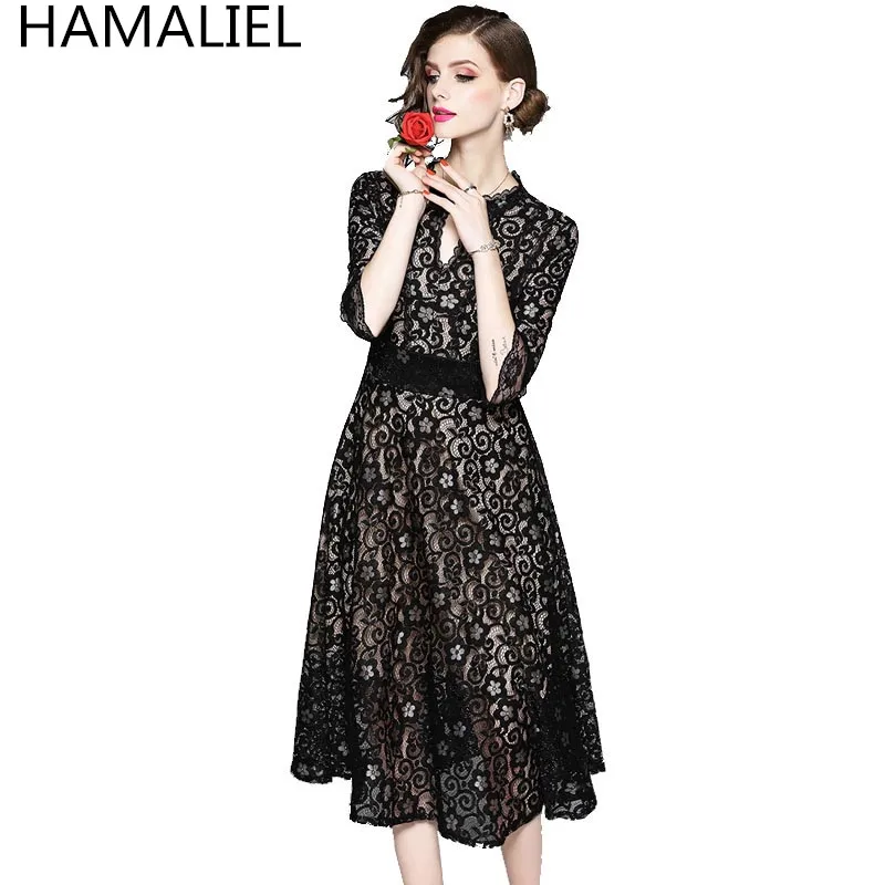

HAMALIEL Vestidos 2018 Autumn Lace Dress Casual Slim Black Hollow Out Half Flare Sleeve Female Vintage Bow Floral Party Dress