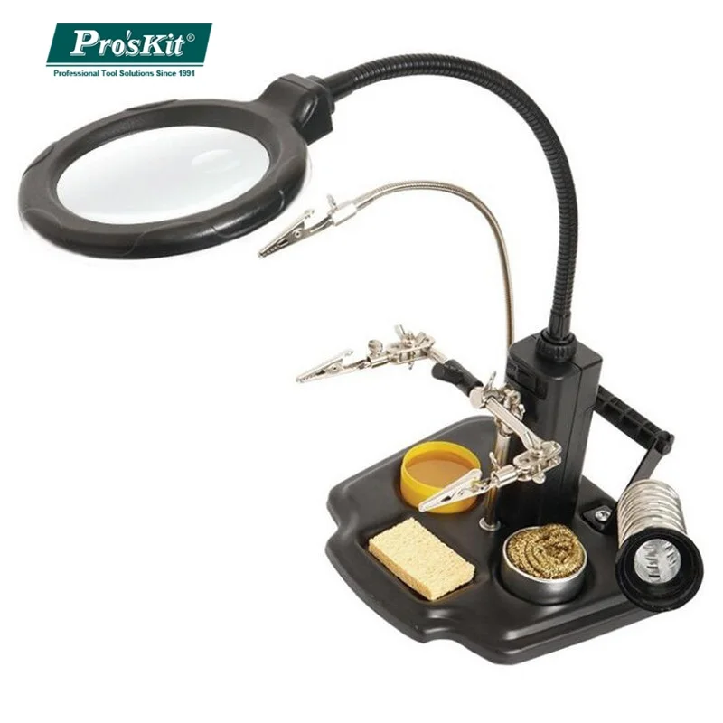 

Pro'skit SN-396 Soldering Iron Stander Soldering Helping Third Hand Magnifying Glass LED lights Magnifier with Clamp Alligator