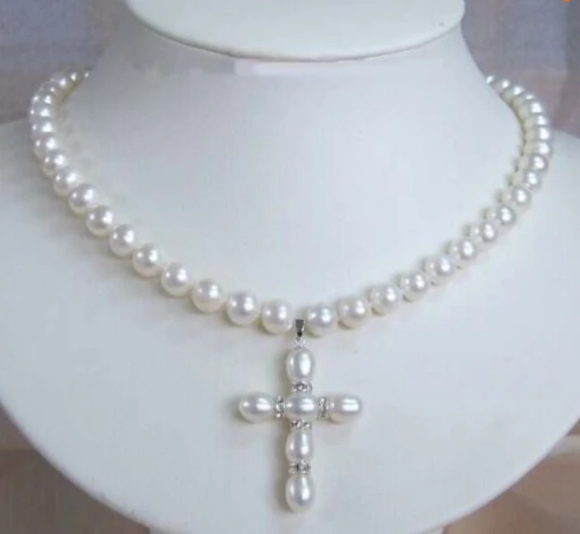 

JEWELRY 7-8MM PEARL AND PEARL CROSS PENDANT NECKLACE Factory Wholesale price Women Gift word Jewelry