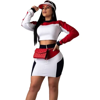 

Spring Autumn Two Piece Skirt Set Women Long Sleeve Sweatershirt Crop Top and Zipper Fly Mini Skirt Casual Matching Set Outfits