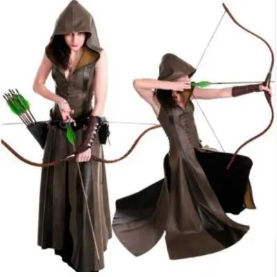 

Women Cosplay Costume Sexy Slim Lace Up Leather Medieval Ranger Dress Long Dress Sleeveless Dress Size S-XXL