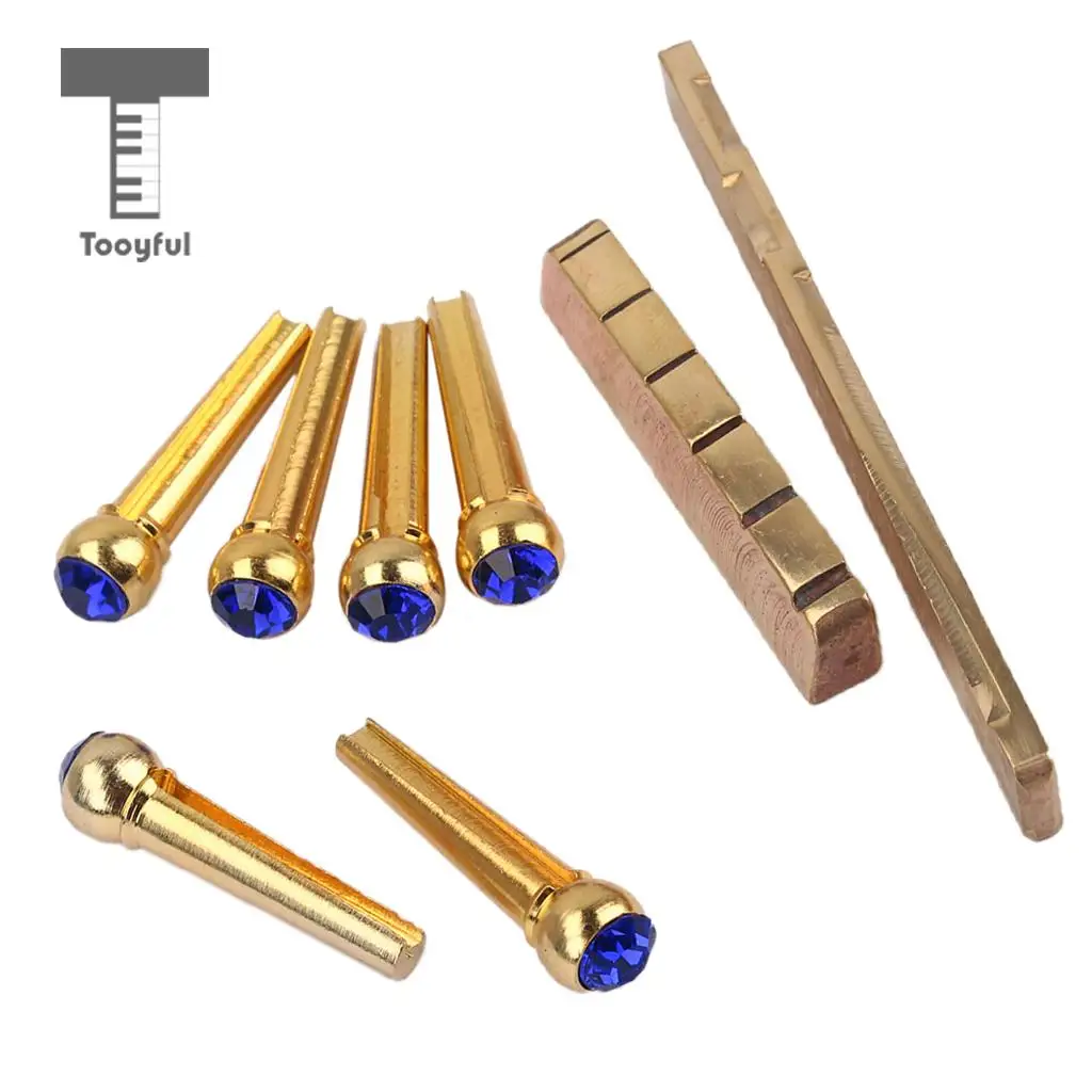 Tooyful Brass Slotted Saddle Nut with Blue Opal Bridge Pins Set for Acoustic Folk Guitar Replacement Parts