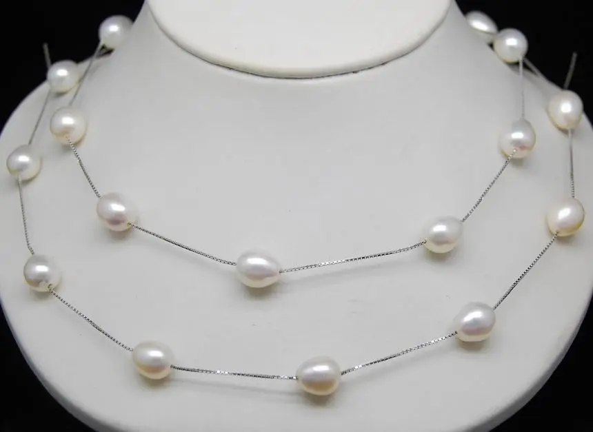 

wholesale Natural White Pearl AAA+ 8-9MM Rice pearl 35" Long Necklace Chain