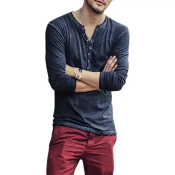 

MISSKY 2018 Spring Autumn Men Solid Color Casual Long-Sleeve Slim Henley Shirt Simple Solid Color Button Tops