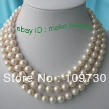 Ювелирные изделия 00585 потрясающий 3 строк 10 мм идеально круглый белый пресной воды жемчужное ожерелье 14KGP