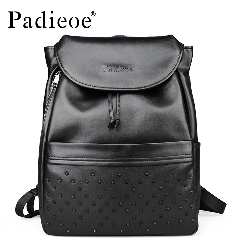 

Padieoe Black Genuine Leather Cowhide Backpack 2019 New Fashion Rivet Women Backpack High Quality Backpacks For Girls Free Ship