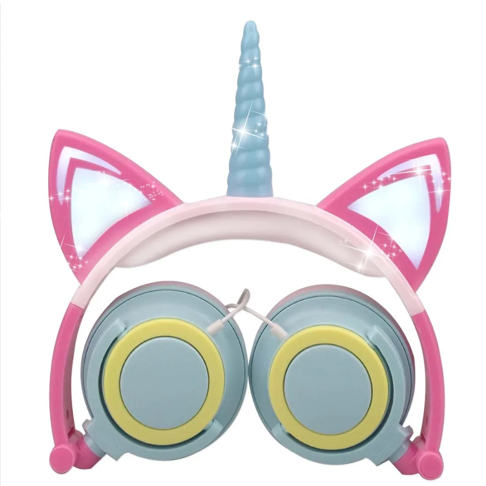 JINSERTA Foldable Flashing Unicorns Kids Headphones Gaming Headset Earphone With LED Light Ear Pods For PC Computer Mobile Phone