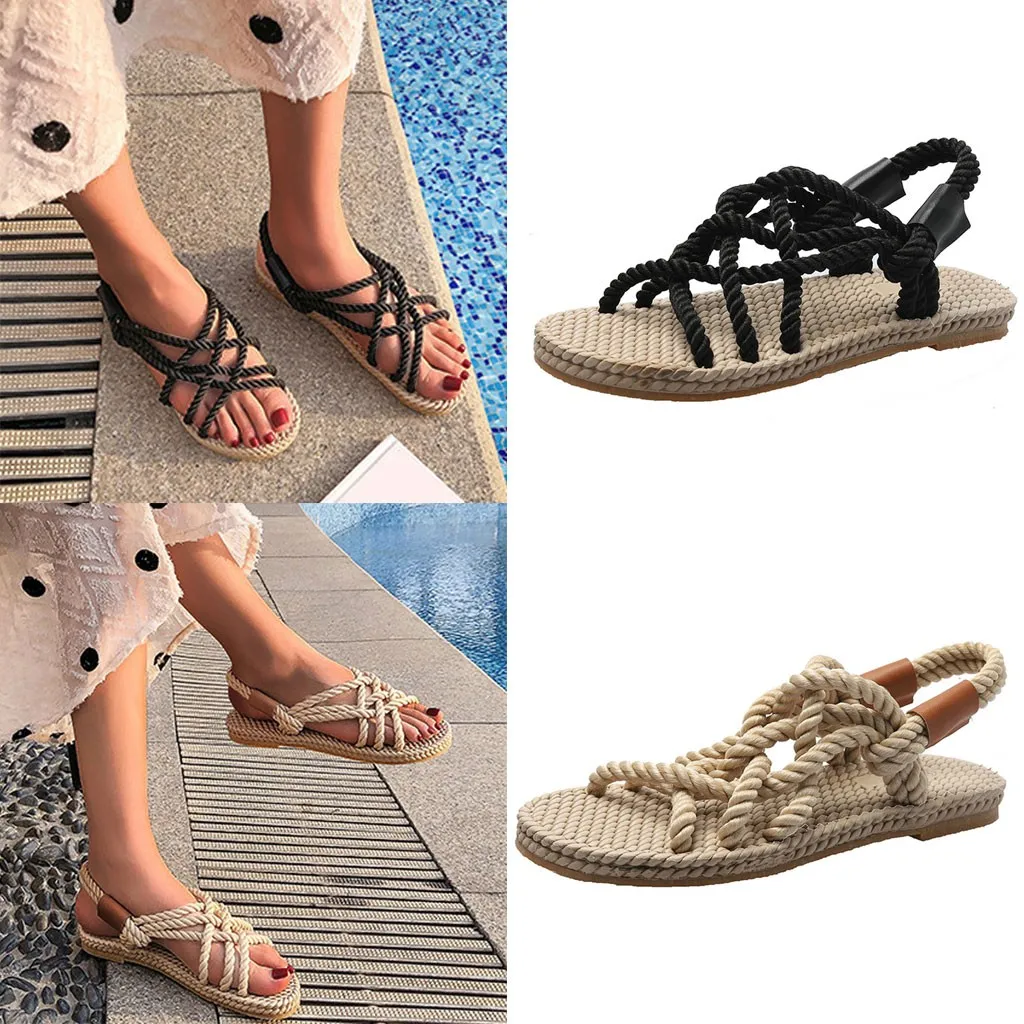 

Women's Sandals Summer Casual Fashion Straps Roman Style Round Head Female Ladies Soft Chaussures Beach Flat Shoes 40#