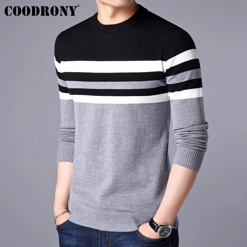 COODRONY мужской свитер, повседневный Полосатый пуловер с круглым вырезом, Мужской Хлопковый пуловер, Мужская одежда, мужские свитера, зимний свитер, платье H014 - Цвет: Серый