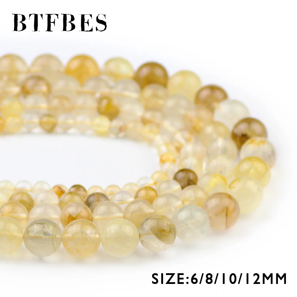 

BTFBES Natural Yellow Quartz Crystal Hong Kong Imports Stone 6 8 10 12MM Round Yellow Loose Bead For Jewelry Bracelet Making DIY