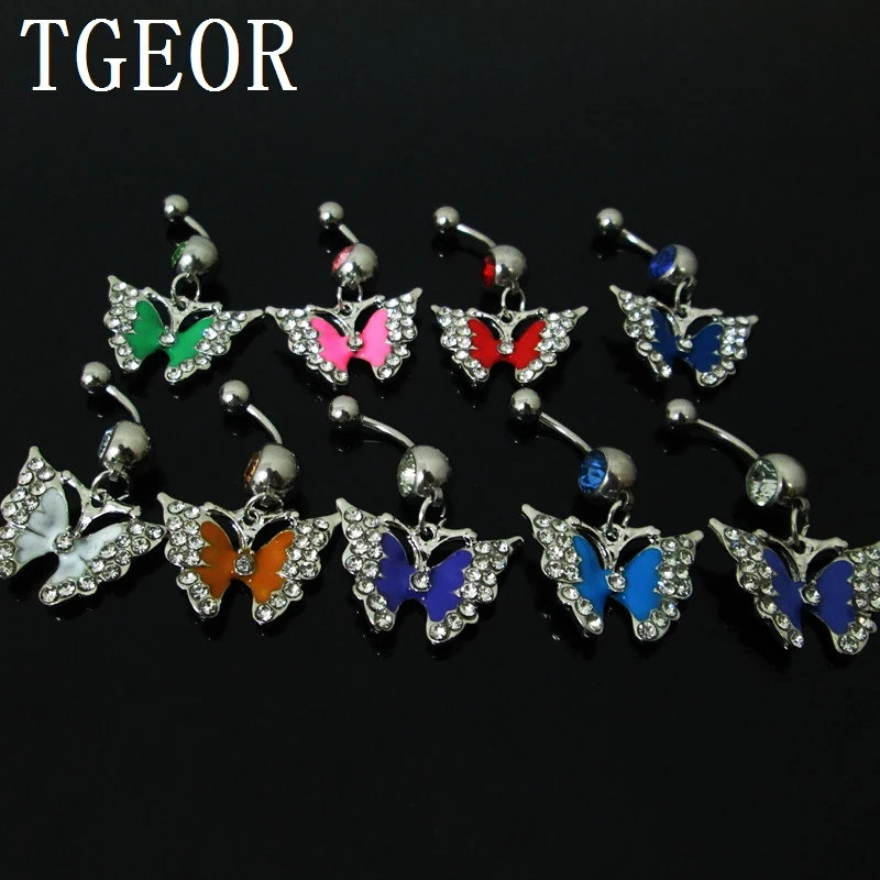 

Free shipping Hot Fashion Charm gem stone belly piercing Stainless Steel with dangle drop oil butterfly navel belly button ring