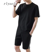 Rlyaeiz Лидер продаж повседневный спортивный костюм мужской летний комплект мужской спортивный костюм полосатые футболки с короткими рукавами+ шорты мужской спортивный костюм