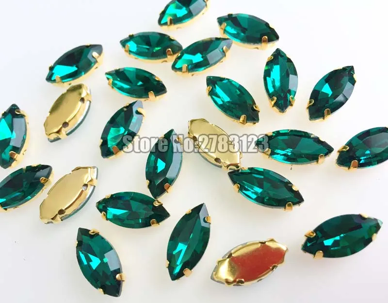 Malachite green Gold bottom horse eye Glass Crystal sew on claw rhinbestones with holes Sewing On Garment DIY accessories