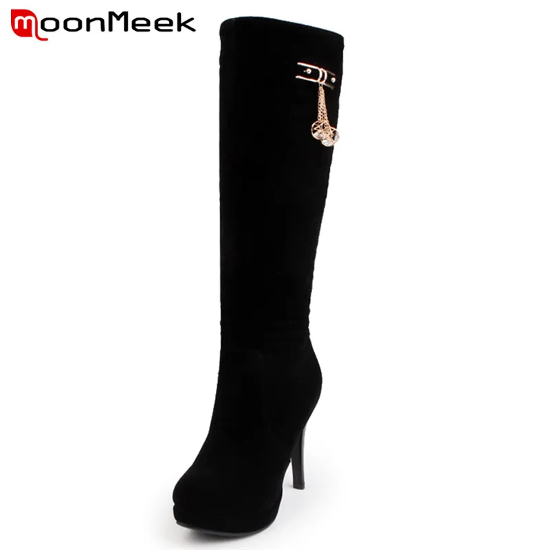 

Black platform boots with sexy thin high heels contracted solid flock the knee high boots for women in spring has round toe