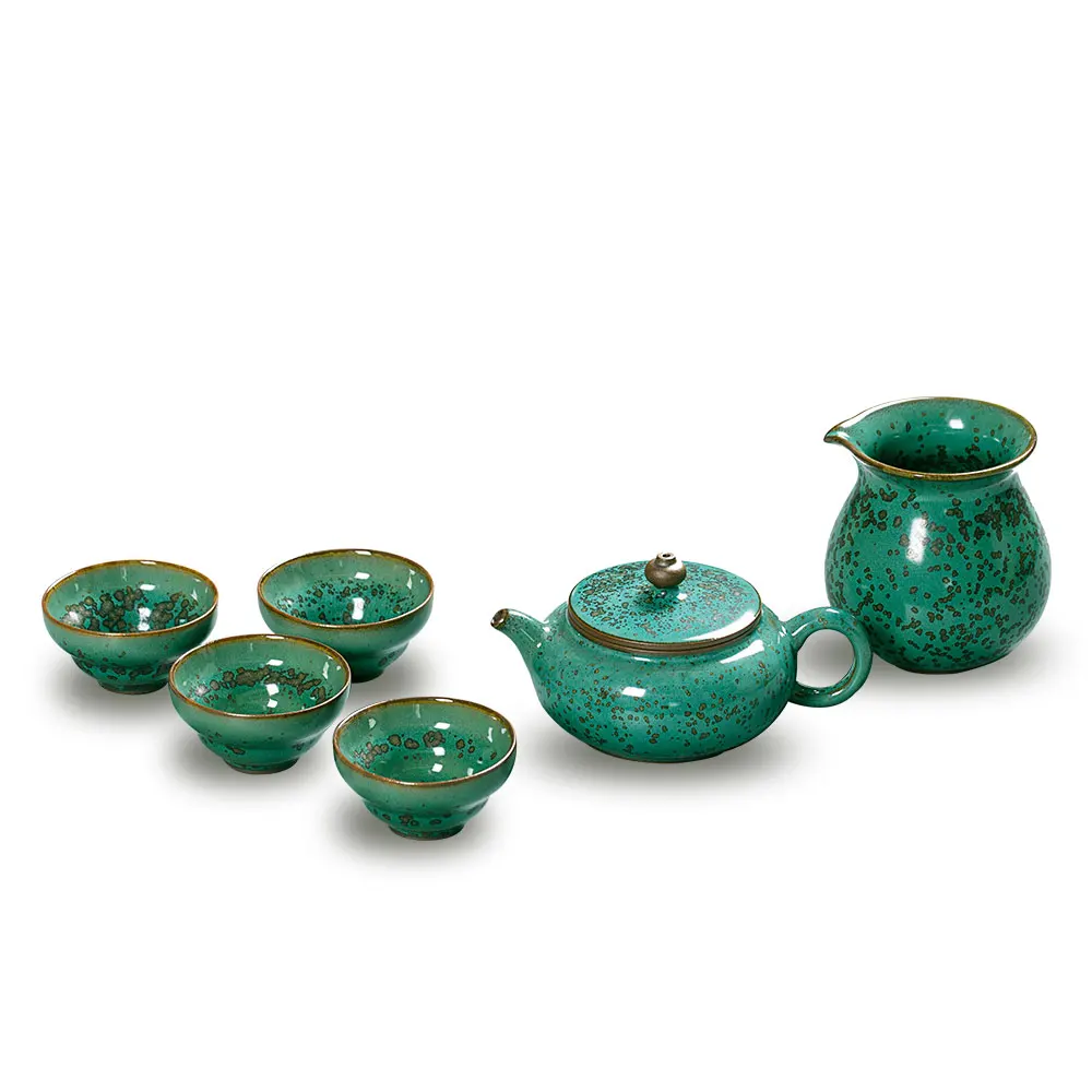

Newchinaroad green handmade ceramic Chinese Kungfu tea set teaware 1 pottery teapot& 4 teacups & 1 sharing pot chahai