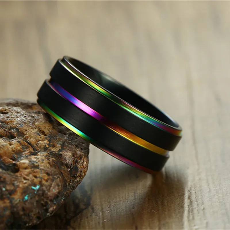 

Trendy Jewelry 8mm Custom Engraved Stainless Steel Two-Tone Rainbow Inlay Dome Brushed LGBT Couples Rings Wedding Band