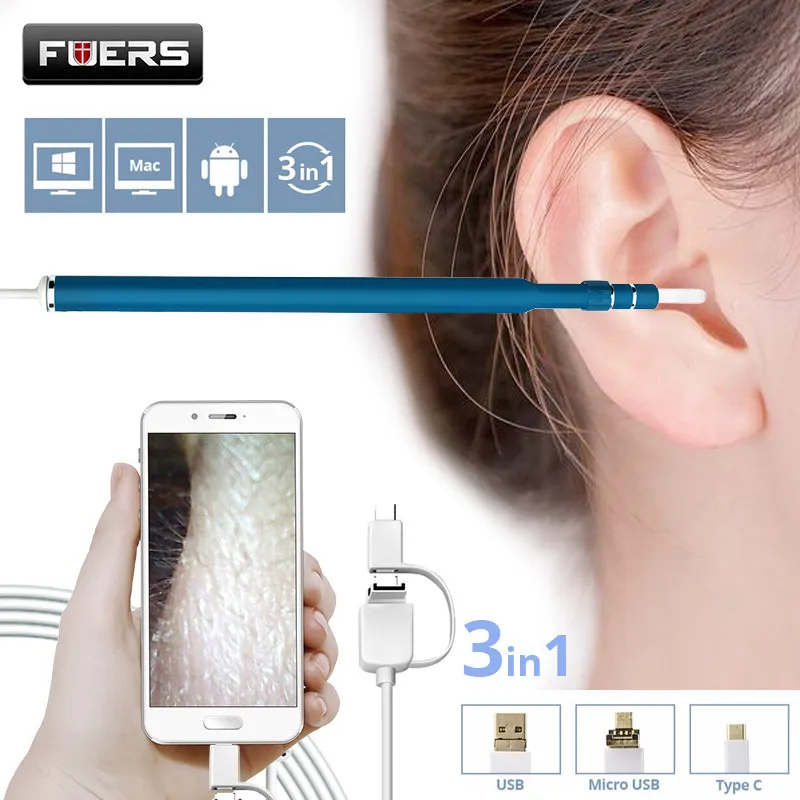 

Fuers 3 IN 1 Otoscope Endoscope Camera 720P HD Visual Ear Spoon EarPick Ear Cleaner Cleaning Endoscope Borescope OTG Android