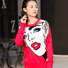 In Early Spring 2019 Europe Station New Knitted Long Sleeve Beauty Red Lip Head Print Pattern Base Shirt Women