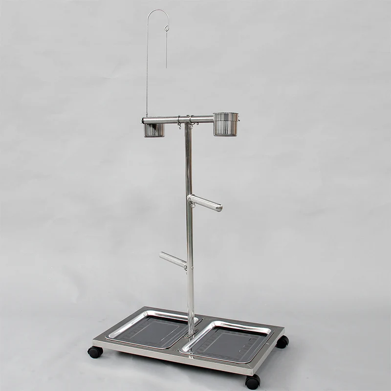 Portable Stainless Steel Parrot Stand With Perch And Feeding Cups Bird