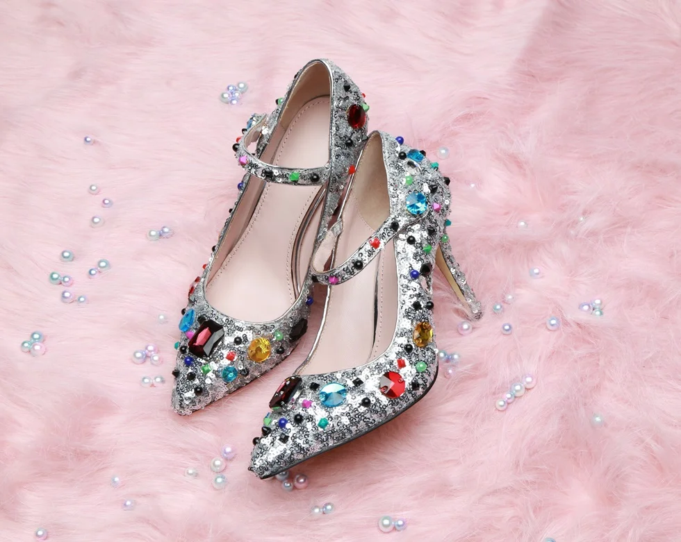 

Sequined cloth precious stone decor Mary Janes shoes rhinestone super shinny fine handmake dress pumps customized party shoes