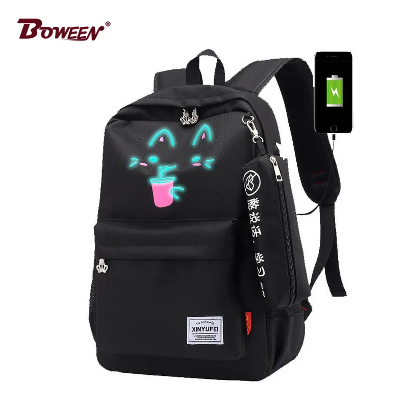 cute Cat Cartoon Luminous USB Backpack Laptop Women Bag Teenager school bag for girl Teenage Book Bag student travel back bag 2018 new canvas women backpack big girl student book bag high quality ladies school bag for teenager