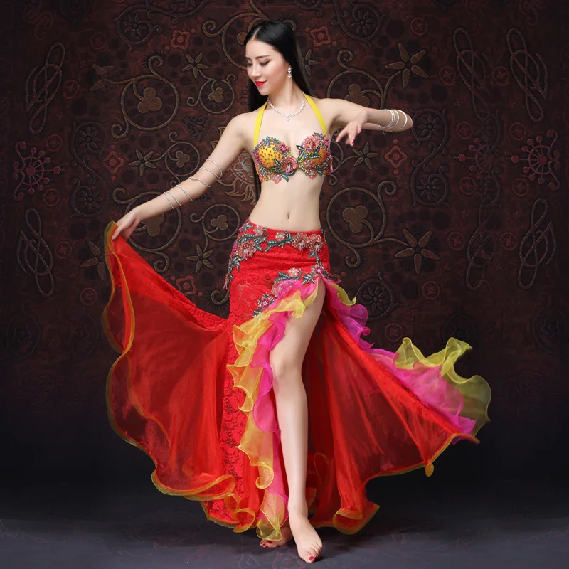 

Women Embroidery Beading Professional Belly Dancing Costumes Luxury Stage & Dance Wear 2PCS Bra Skirt Belt S M L