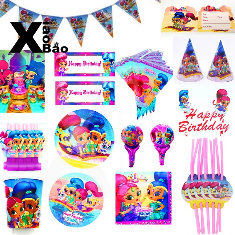 

Shimmer and Shine Princess Paper tableware Plate Cup Banner Napkin Invitation Tablecloth Balloon Bag Favor Party Birthday Gift
