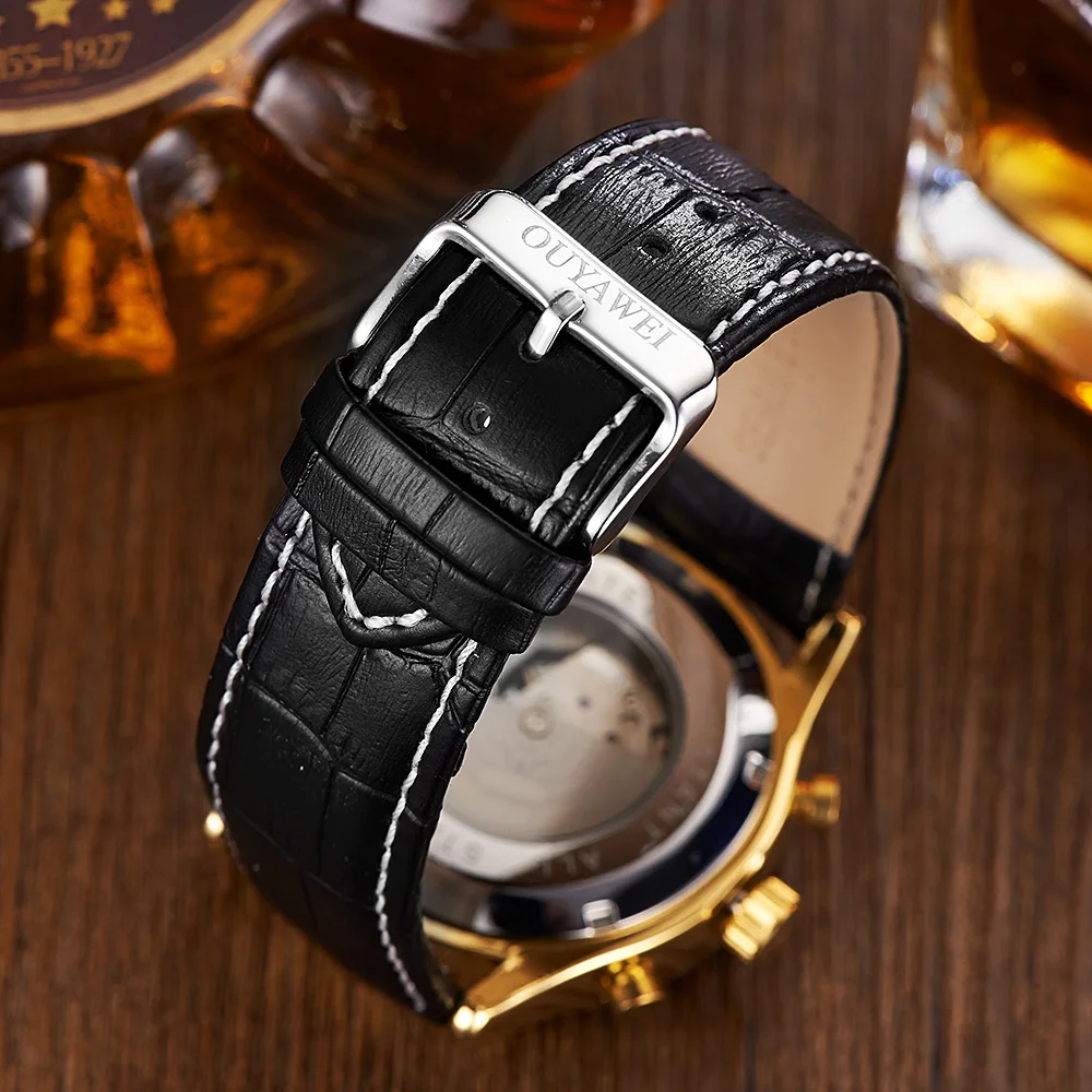 OYW фирменные Механические Мужские наручные часы, мужские часы с кожаным ремешком, роскошные золотые и черные модные нарядные часы, подарки