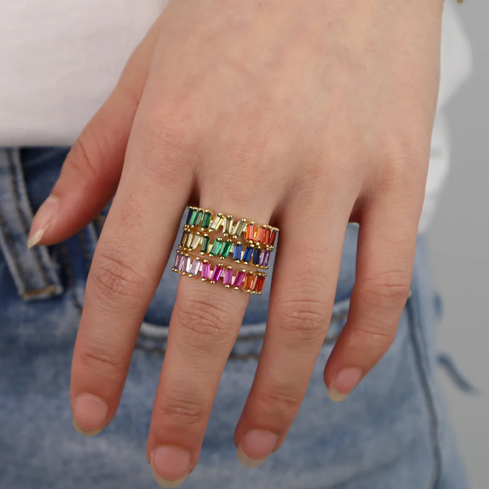 Радужный Багет cz браслет кольцо золотое заполненное женское девушка anillos
