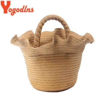 

Yogodlns Simple Style Bucket Cylindrical Straw Bags Romantic Woven Women Handbags Tote String Knitted Beach Bag Summer Holidays