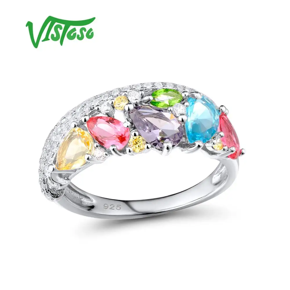 

VISTOSO Silver Rings For Woman Multi-Color Gem Stones Ring Female 925 Sterling Silver Rings Wedding Accessories Fine Jewelry