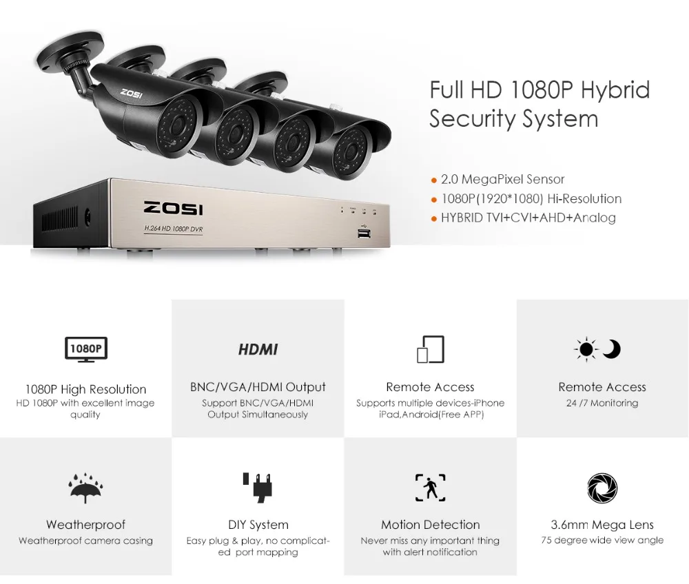 ZOSI 4CH CCTV система 1080p DVR 4 шт 2.0MP IR Всепогодная наружная система камер домашней безопасности 4CH DVR комплект