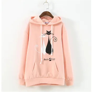 

2016 Autumn Preppy Style Cat Print Hooded Draw String Thickened Pullovers Long Sleeve Personalized Add Wool Cute Loose Fleece