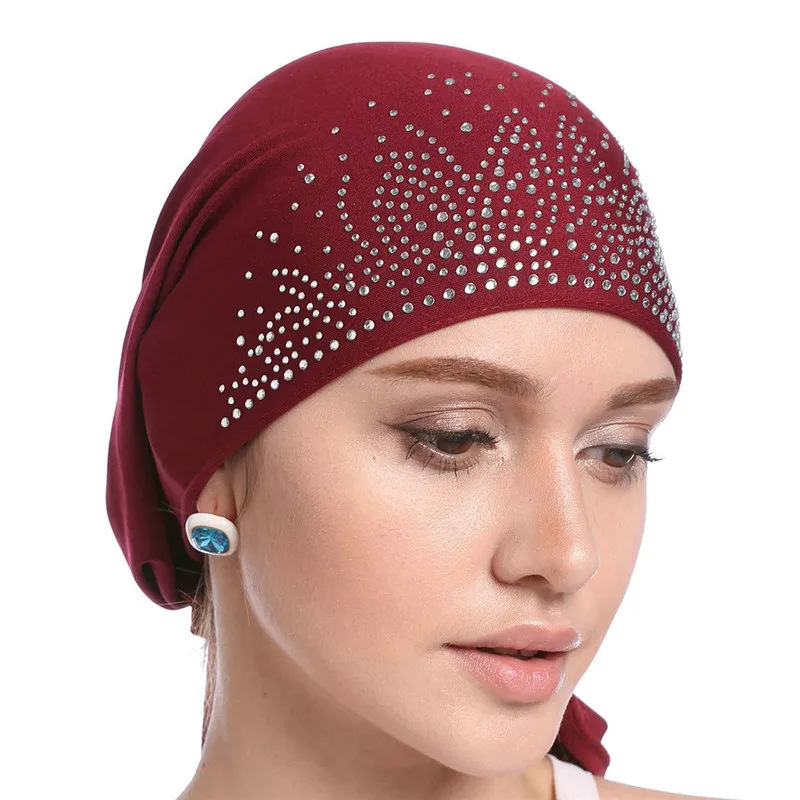 Fashion Women Headscarf Hat Thin Summer Muslim Inner Caps Solid Diamond Turban Bonnet Hijab India Head Wrap Hats For Ladies