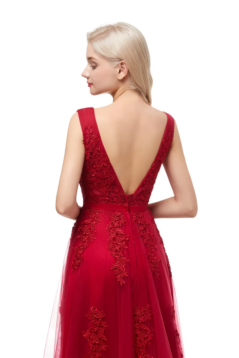 Beauty Emily Lace Appliques V-neck Long Evening Dresses 2019 Bride Sexy Sleeveless Formal Party Prom Dresses Custom Beauty Emily Lace Appliques V-neck Long Evening Dresses 2019 Bride Sexy Sleeveless Formal Party Prom Dresses Custom