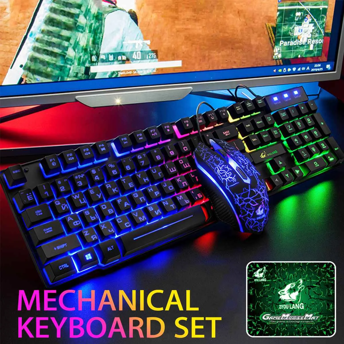 

Rainbow Backlight USB Keyboard 104 keys Ergonomic Scrub Feel Gaming English Russian Keyboard And Mouse Set for PC Laptop