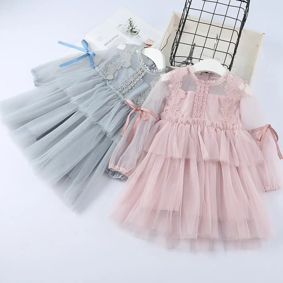 

Summer 2019 high quality lace mesh children dress lantern sleeve dresses for girls Ribbon princess party dress baby girl clothes